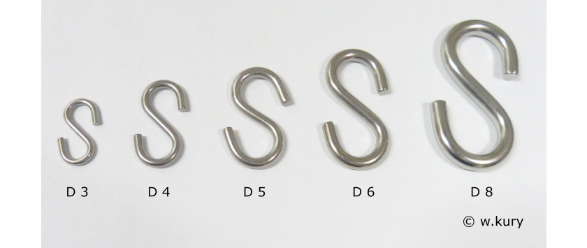 S-Haken, D 3 mm bis 8 mm symmetrisch, Edelstahl nichtrostend A4/AISI316